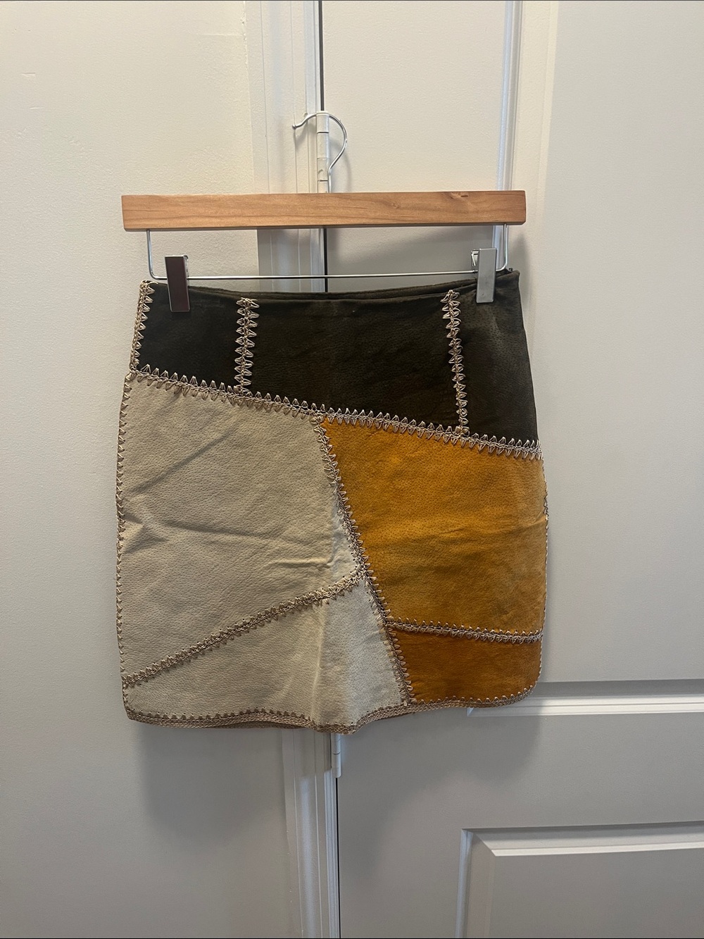 Selene Sport Vintage Colorblock Patchwork Suede Mini Skirt in Olive, Mustard